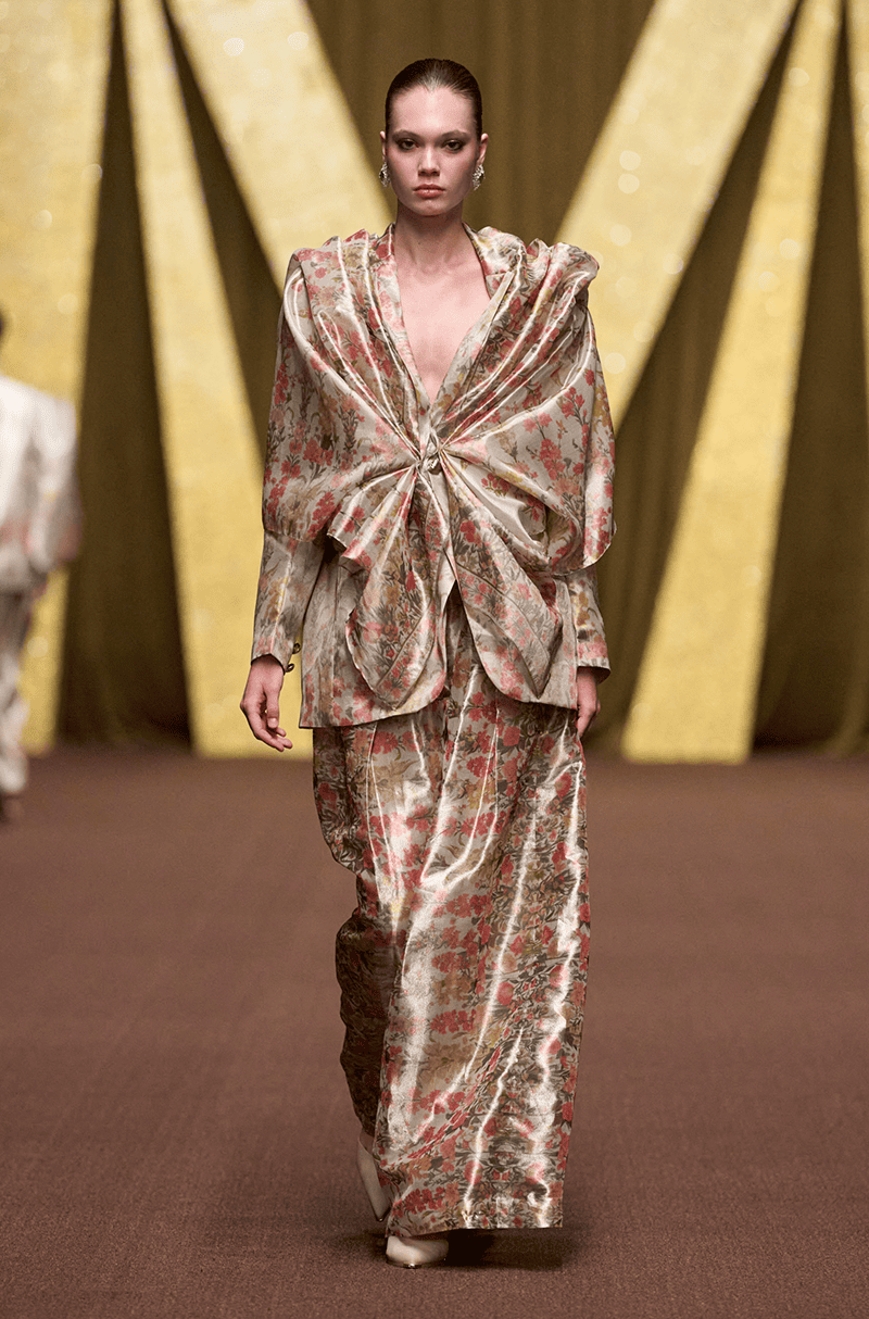 Beige Floral Printed Tissue Blazer Set