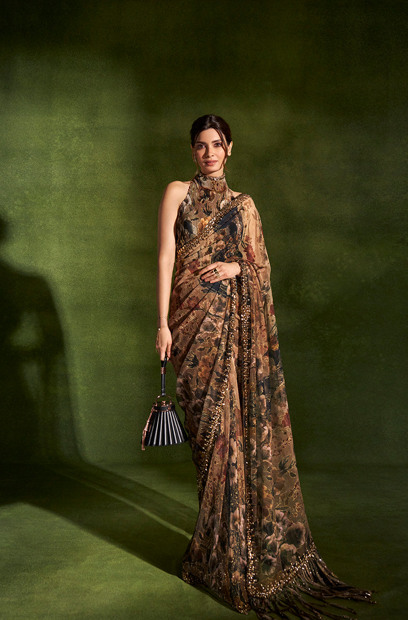 Diana Penty in our Green & Black Floral Printed Pre-Pleated Saree Set