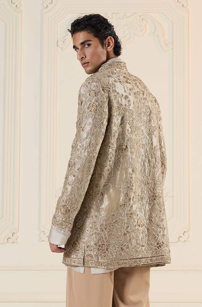Gold Embroidered Short V Neck Sherwani Set