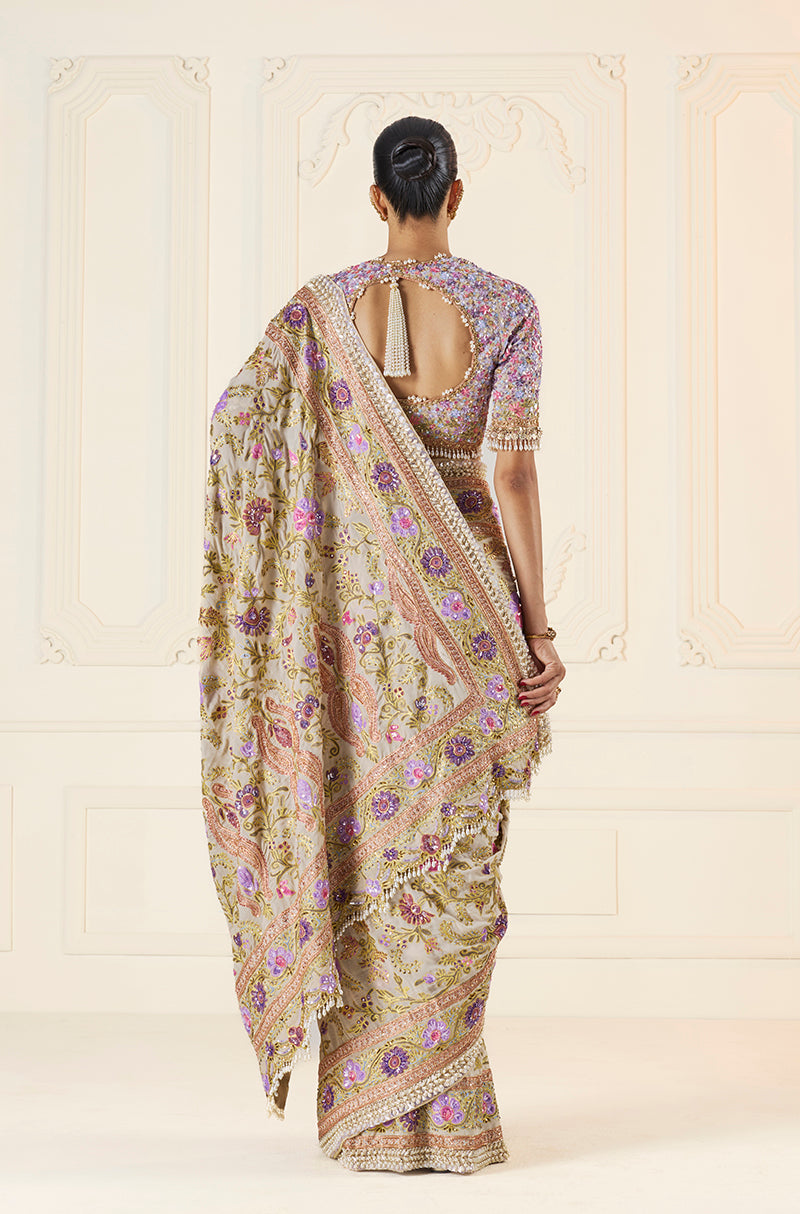 Badami Multi-Resham & Kashmiri Embroidered Saree Set