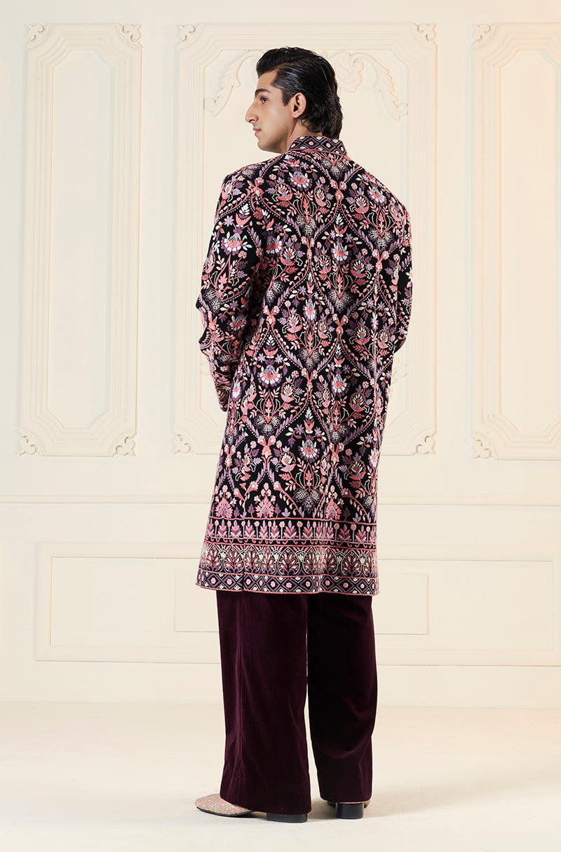 Black Pink Thread Embroidered Mijwan Sherwani Set
