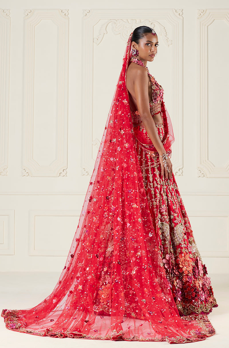 Red Tulle with Multi-Color 3D Flower Embroidered Lehenga Set