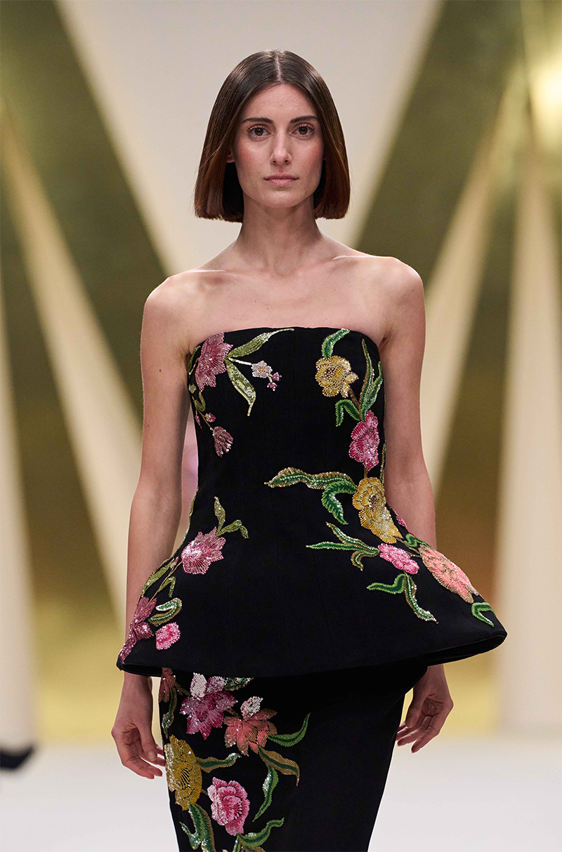 Black Embroidered Peplum Top Skirt Set