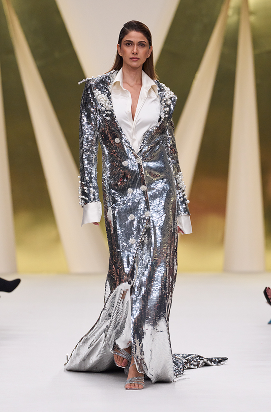 Silver Sequence Trench Coat with Shirt