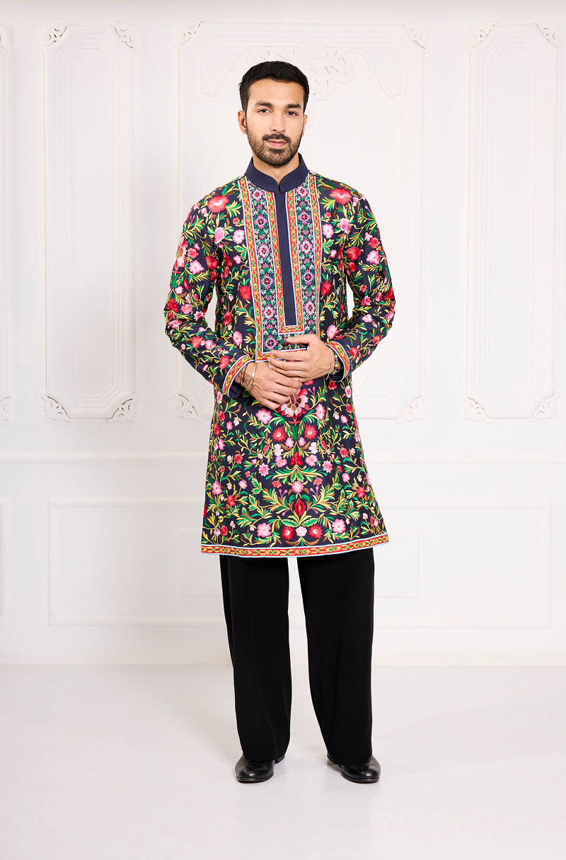Navy Blue Multicoloured Embroidered Kurta Set
