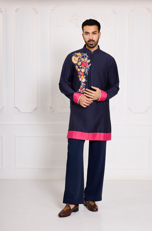 Navy Blue Cotton Silk Floral Kurta Set