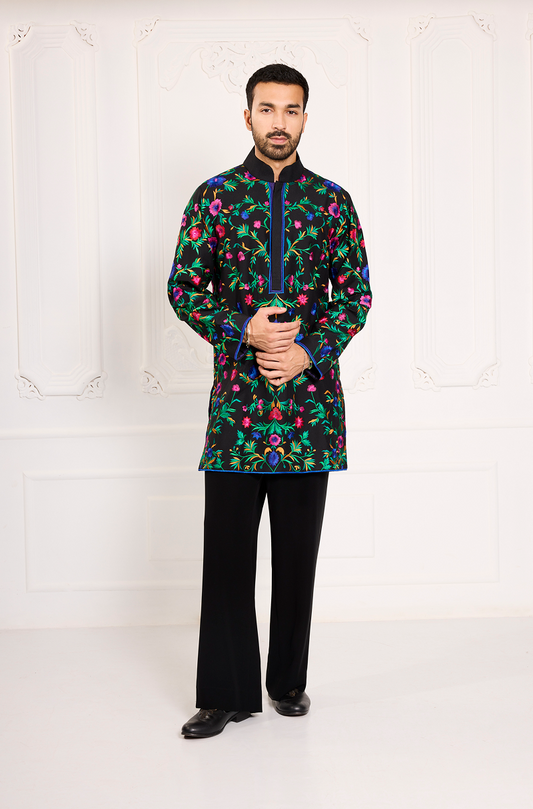 Black Multicolour Thread Embroidered Kurta Set
