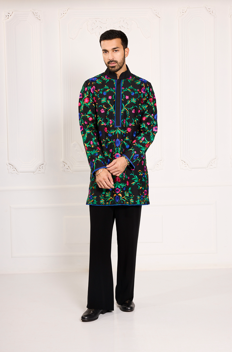 Black Multicolour Thread Embroidered Kurta Set