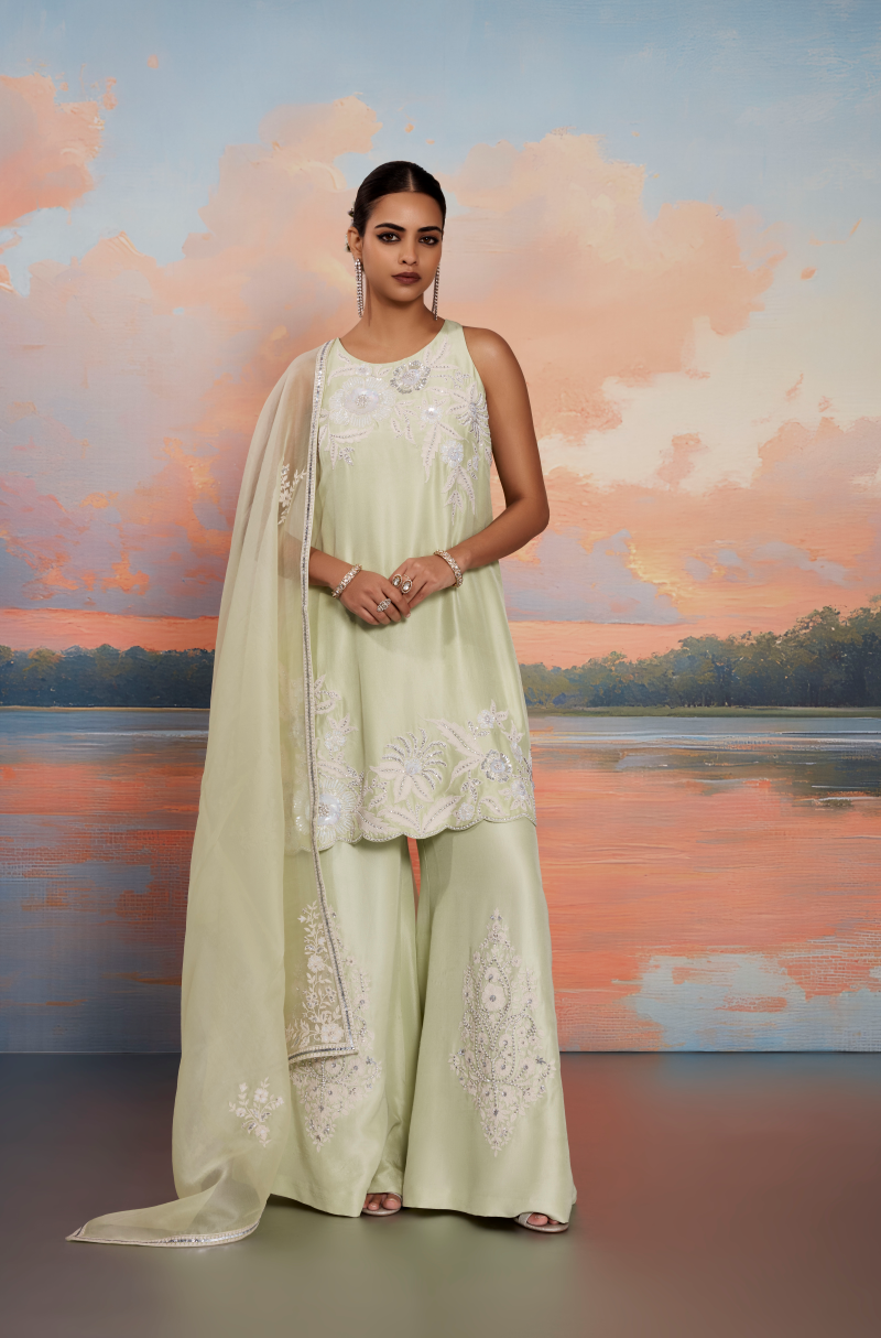 Pista Green Dori & Pearl Embroidered Kurta Set