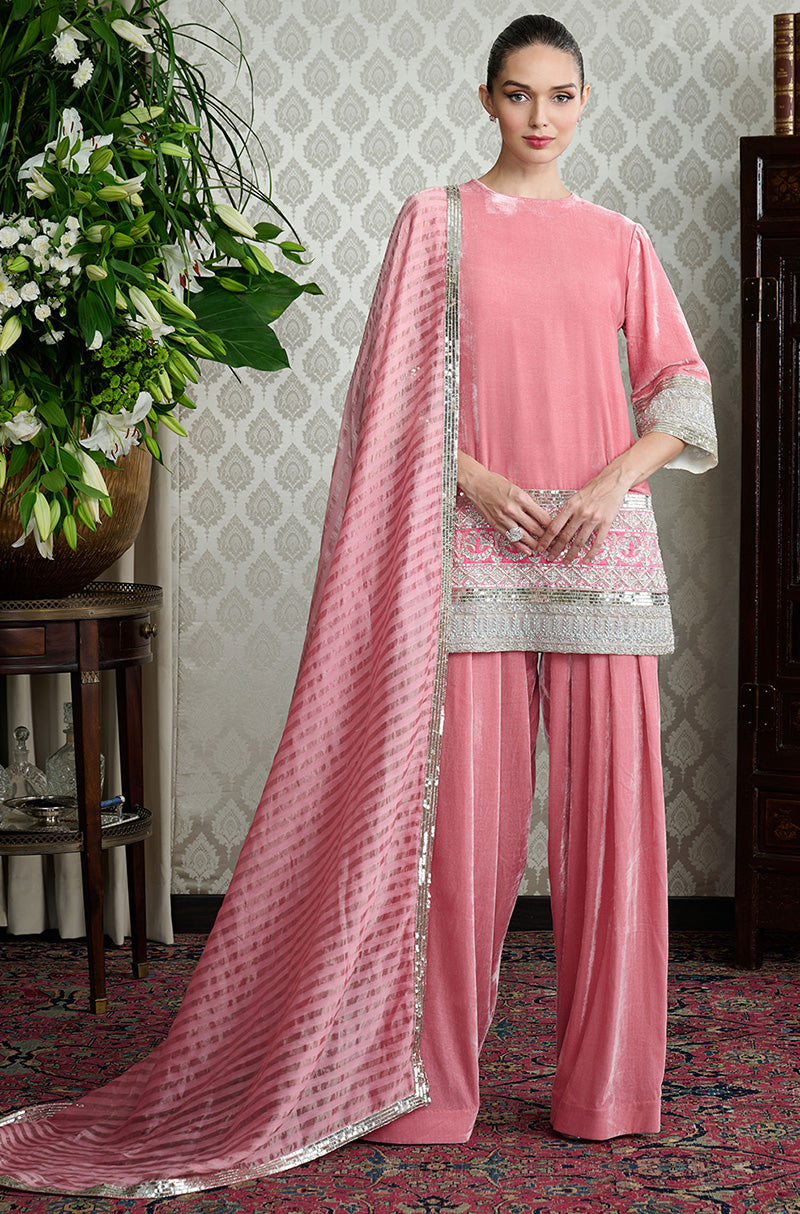 Salmon Pink with Sequin Borders Short Kurta Set