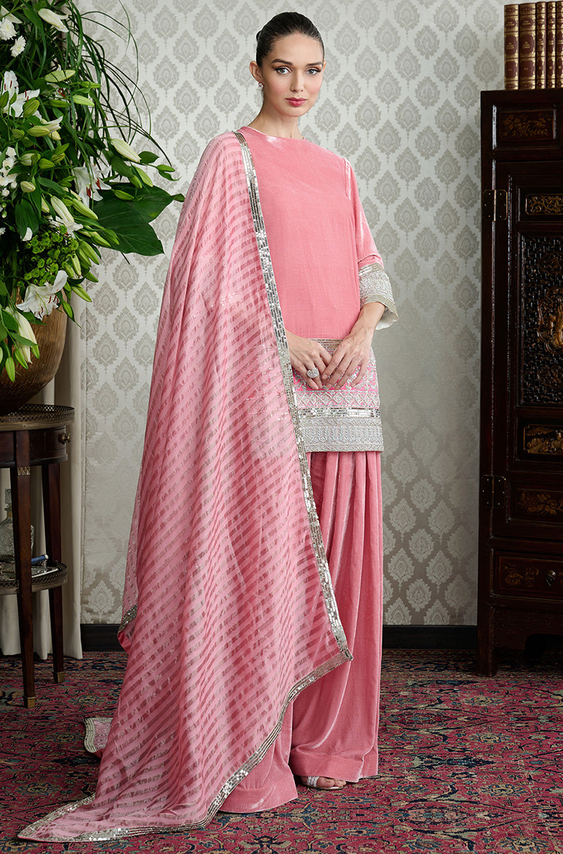 Salmon Pink with Sequin Borders Short Kurta Set