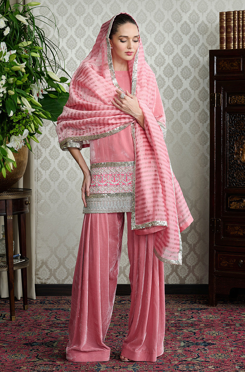 Salmon Pink with Sequin Borders Short Kurta Set