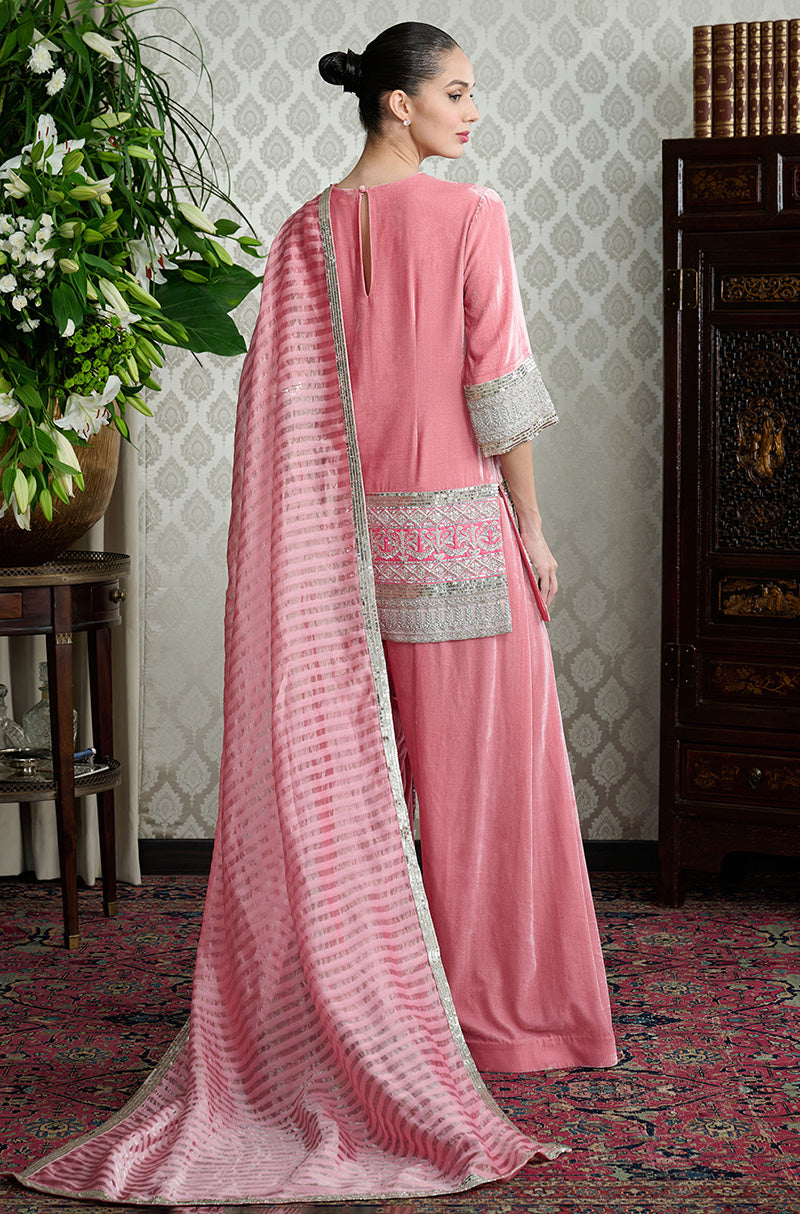 Salmon Pink with Sequin Borders Short Kurta Set