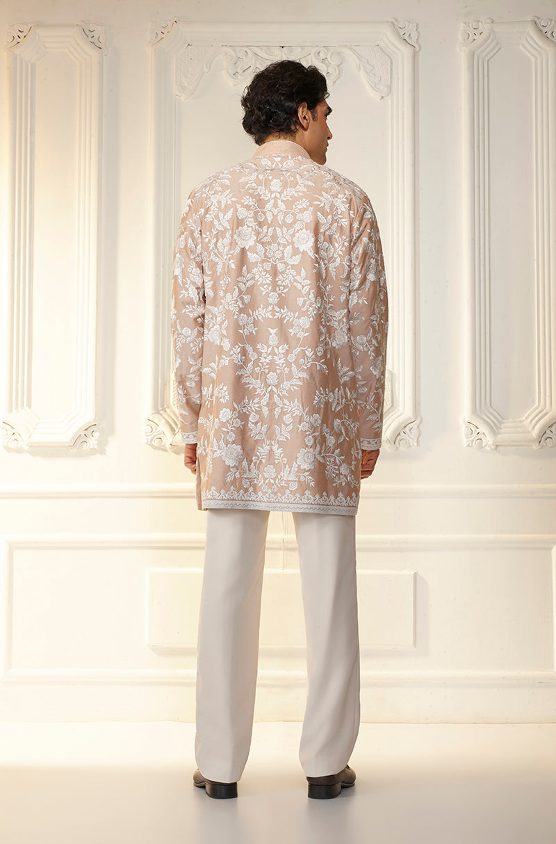 Almond & Ivory Floral Threadwork Kurta Set