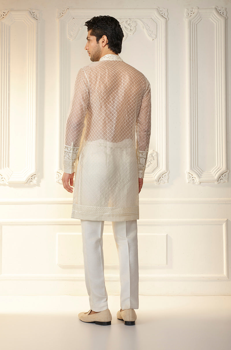 Ivory Self Textured Organza Kurta Set