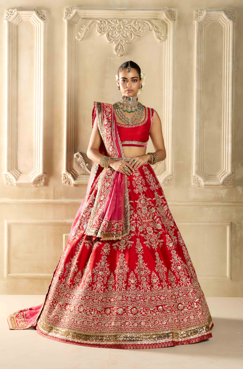Red Silk Embroidered Lehenga Set