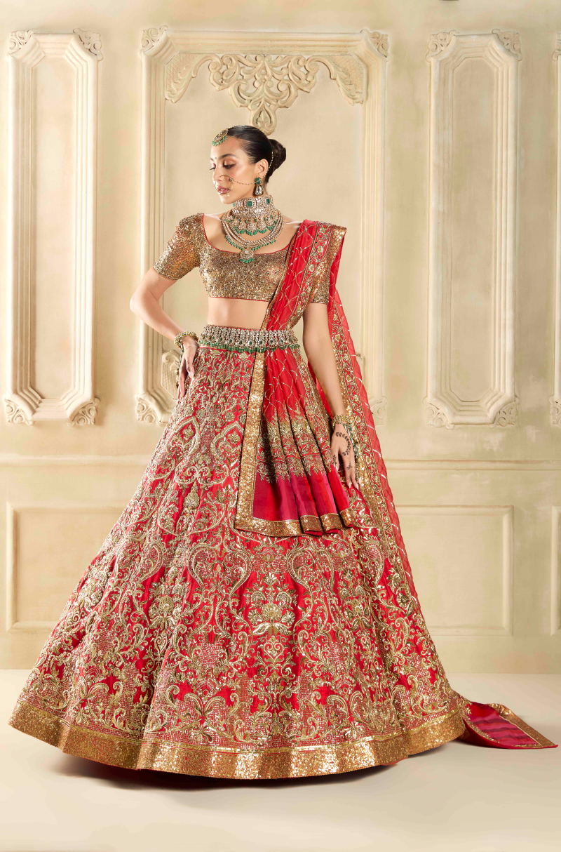 Red Raw Silk Embroidered Lehenga Set