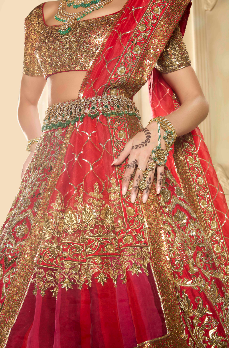 Red Raw Silk Embroidered Lehenga Set