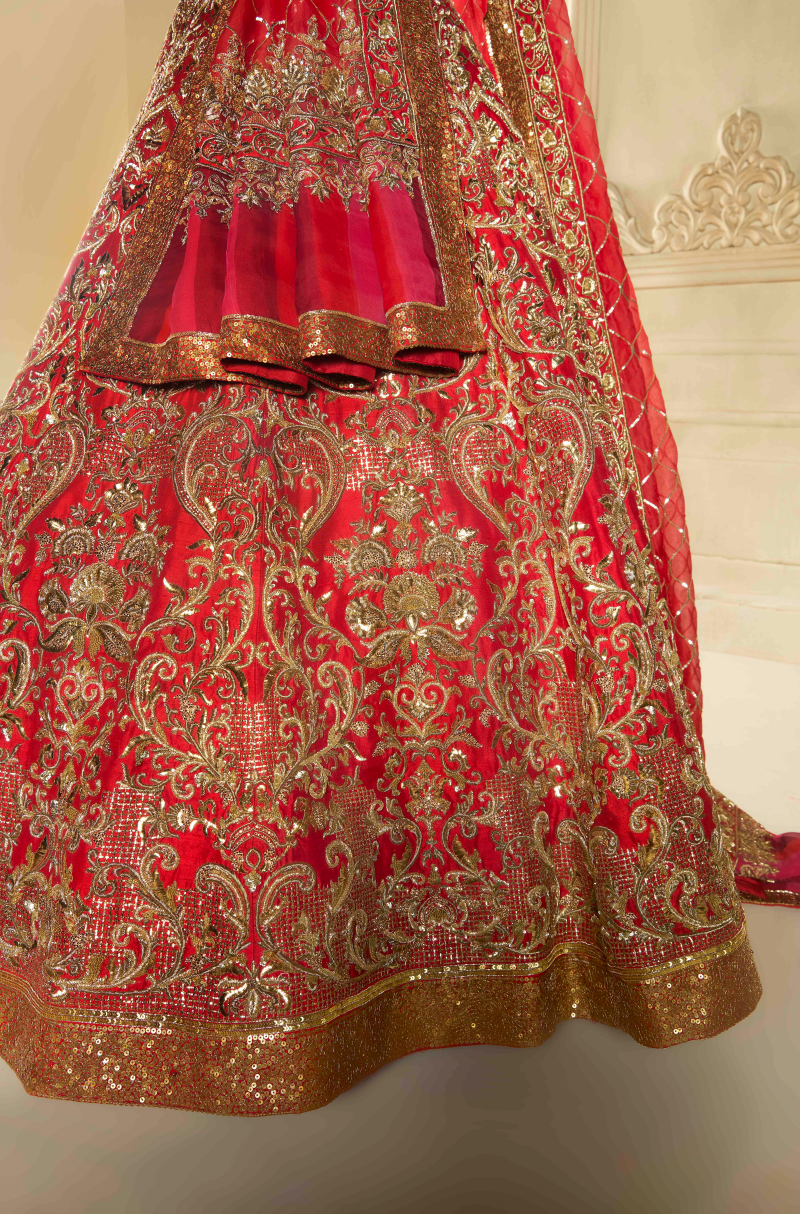 Red Raw Silk Embroidered Lehenga Set