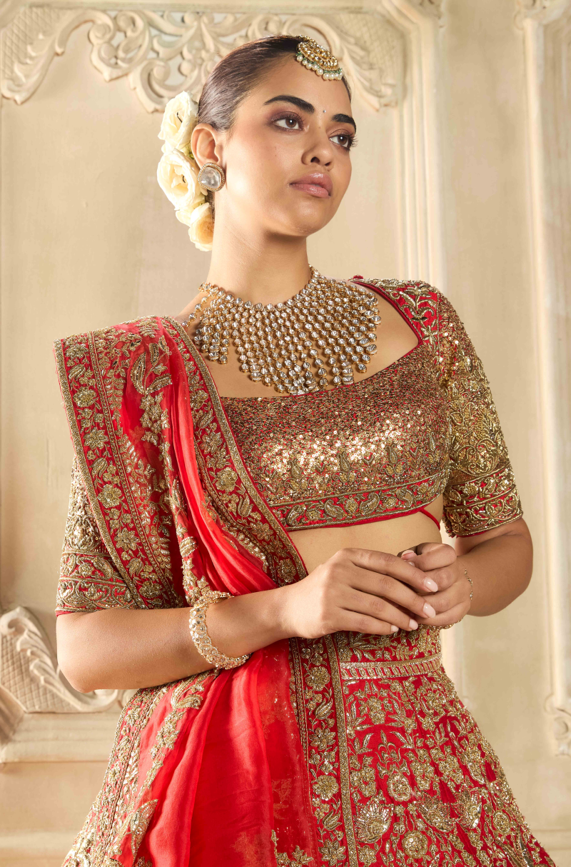 Red Embroidered Lehenga Set