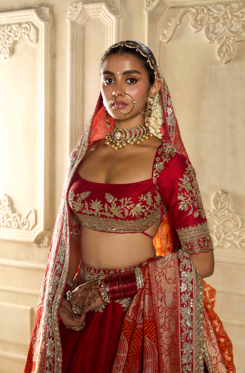 Red Silk Embroidered Lehenga Set