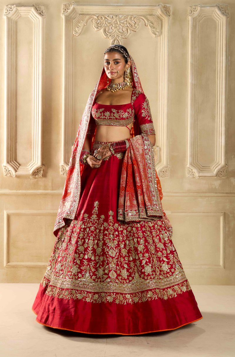 Red Silk Embroidered Lehenga Set