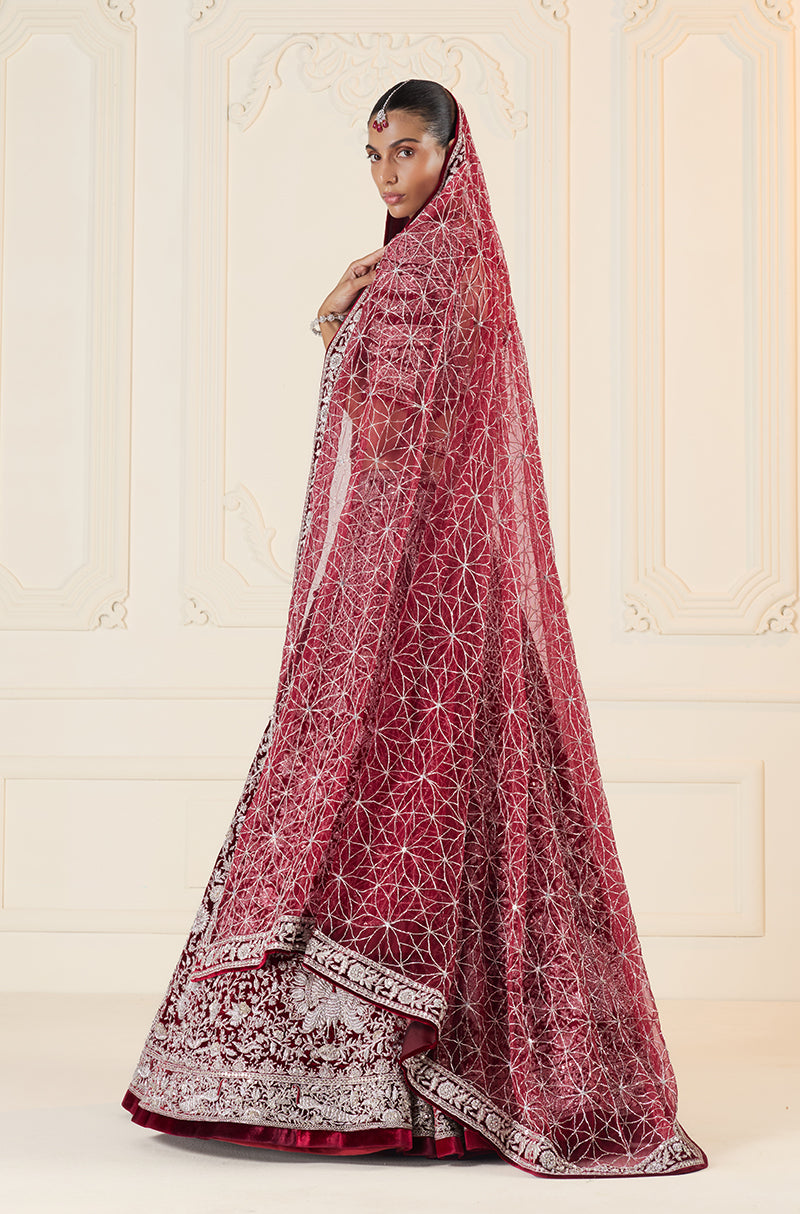 Bordeaux & Silver Jaal Embroidered Lehenga Set