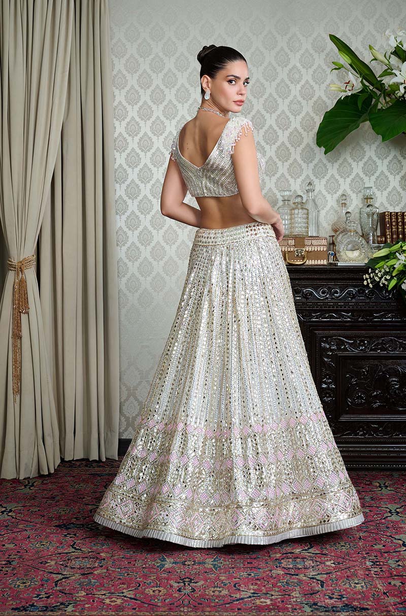 Off White Net Embroidered Lehenga Set