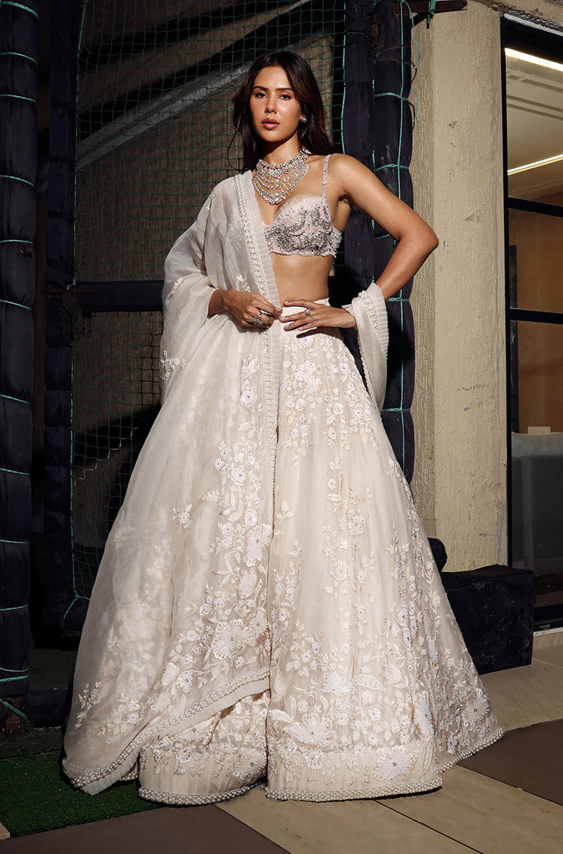 Sonam Bajwa in our Ivory Tissue Embroidered Lehenga Set