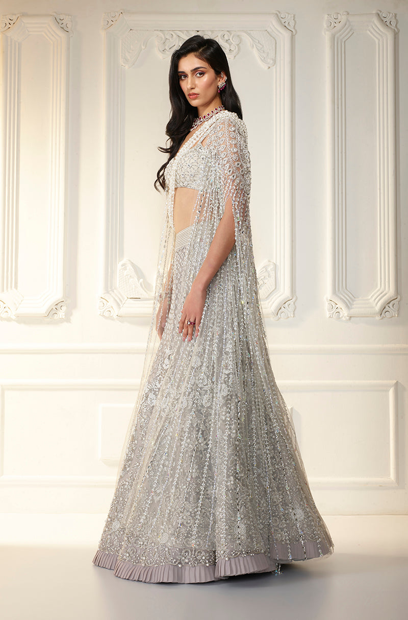 Grey Tulle Embroidered Fish Cut Skirt Set