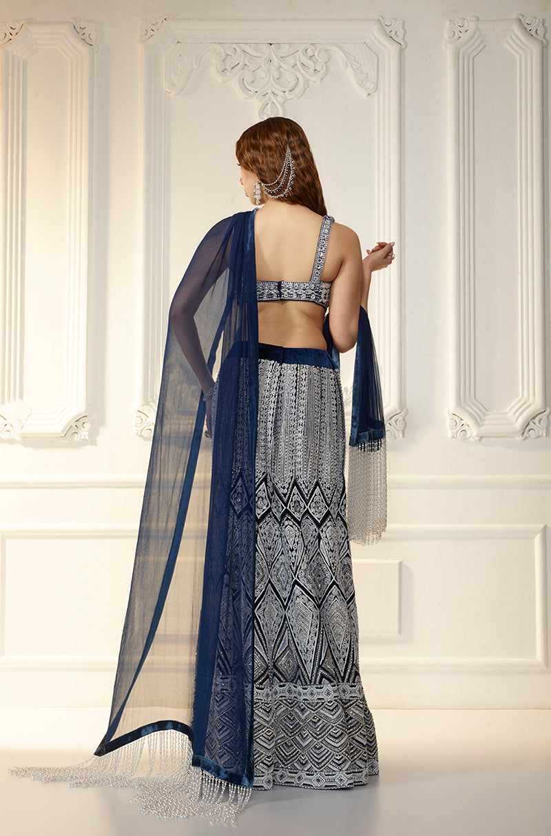 Navy Velvet Slim Embellished Skirt Set