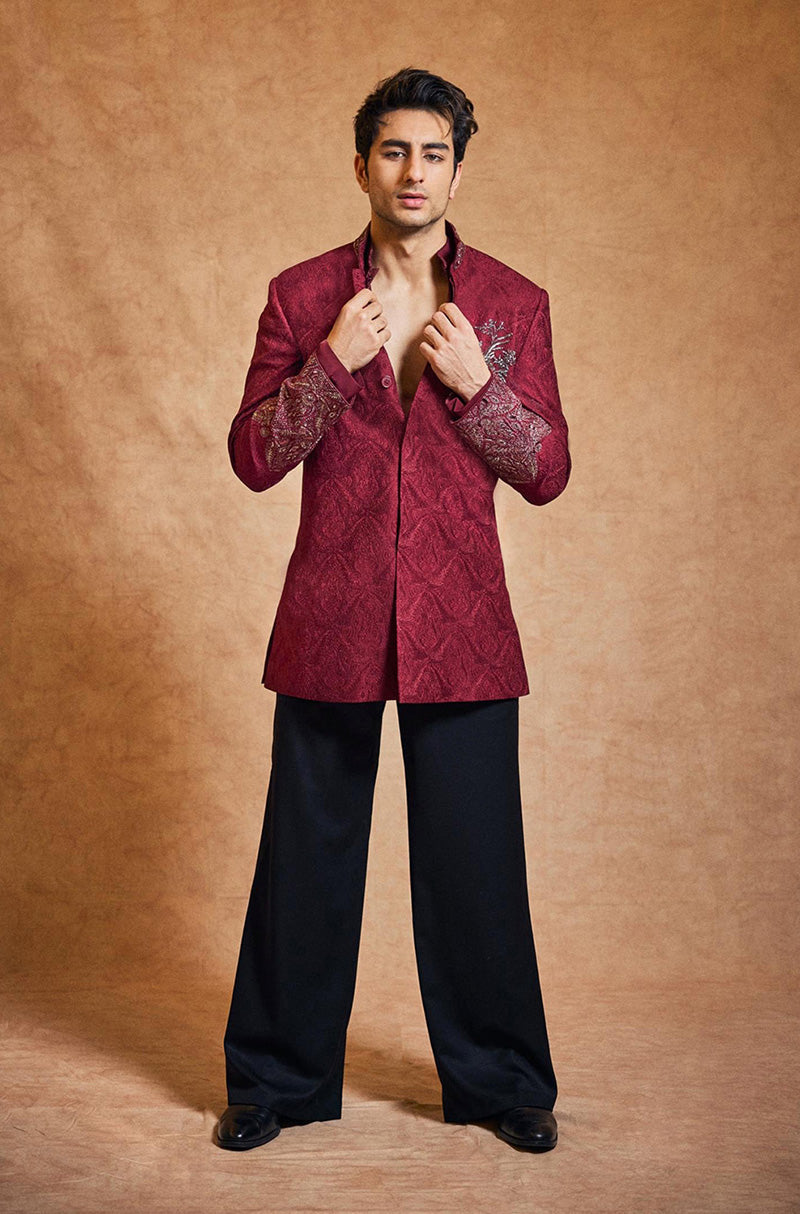 Ibrahim Ali Khan in our Wine Texture Embroidered Sherwani Set