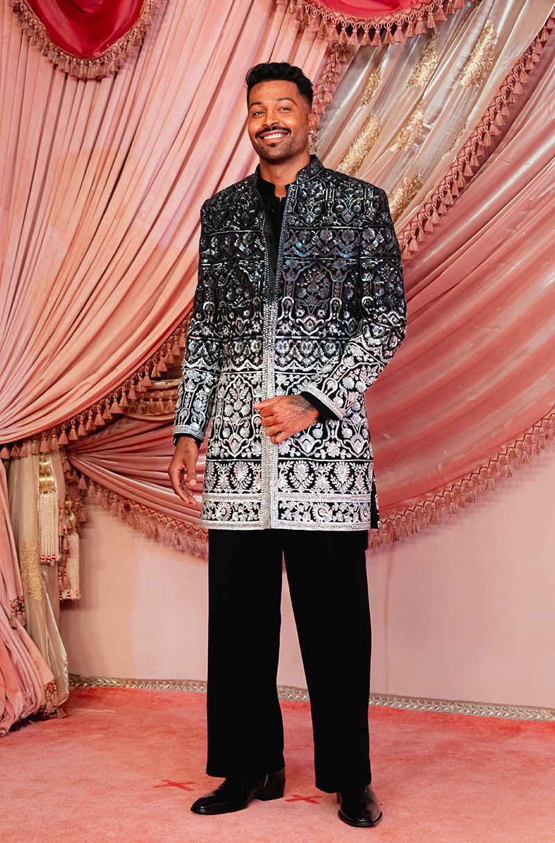 Hardik Pandya in our Black to Silver Ombré Embroidered Sherwani Set