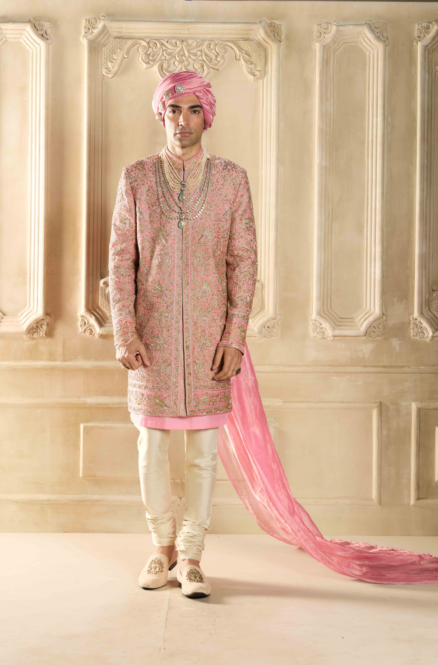 Flamingo Pink Embroidered Sherwani Set