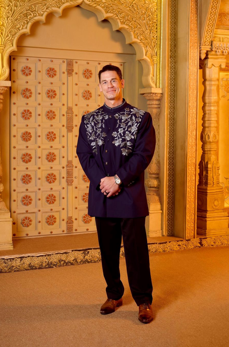 John Cena in our Navy Blue Floral Embroidered Short Sherwani Set