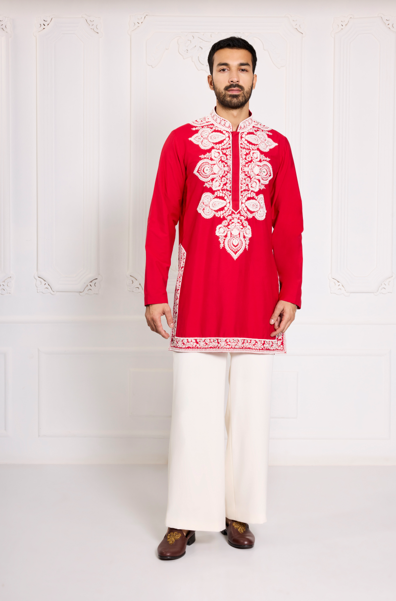 Red with Ivory Dori Embroidered Kurta Set