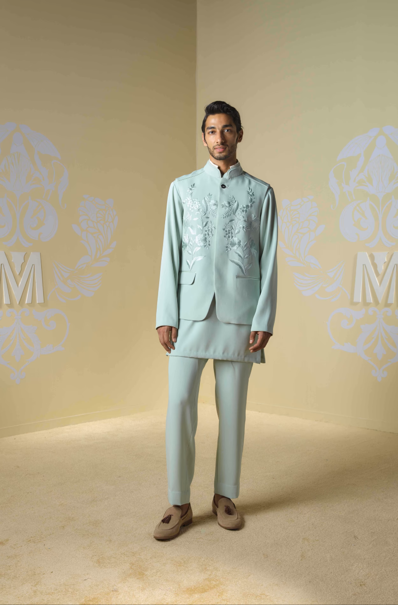 Sage Green Floral Embroidered Bundi Set