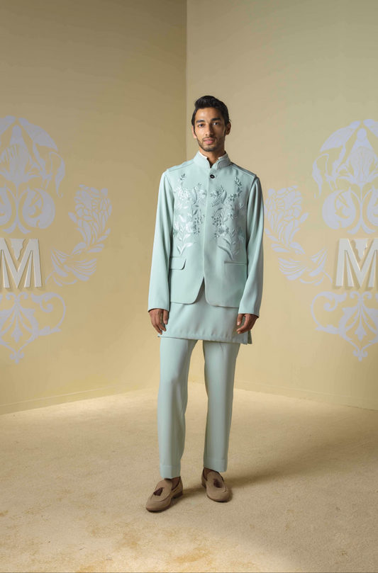 Sage Green Floral Embroidered Bundi Set