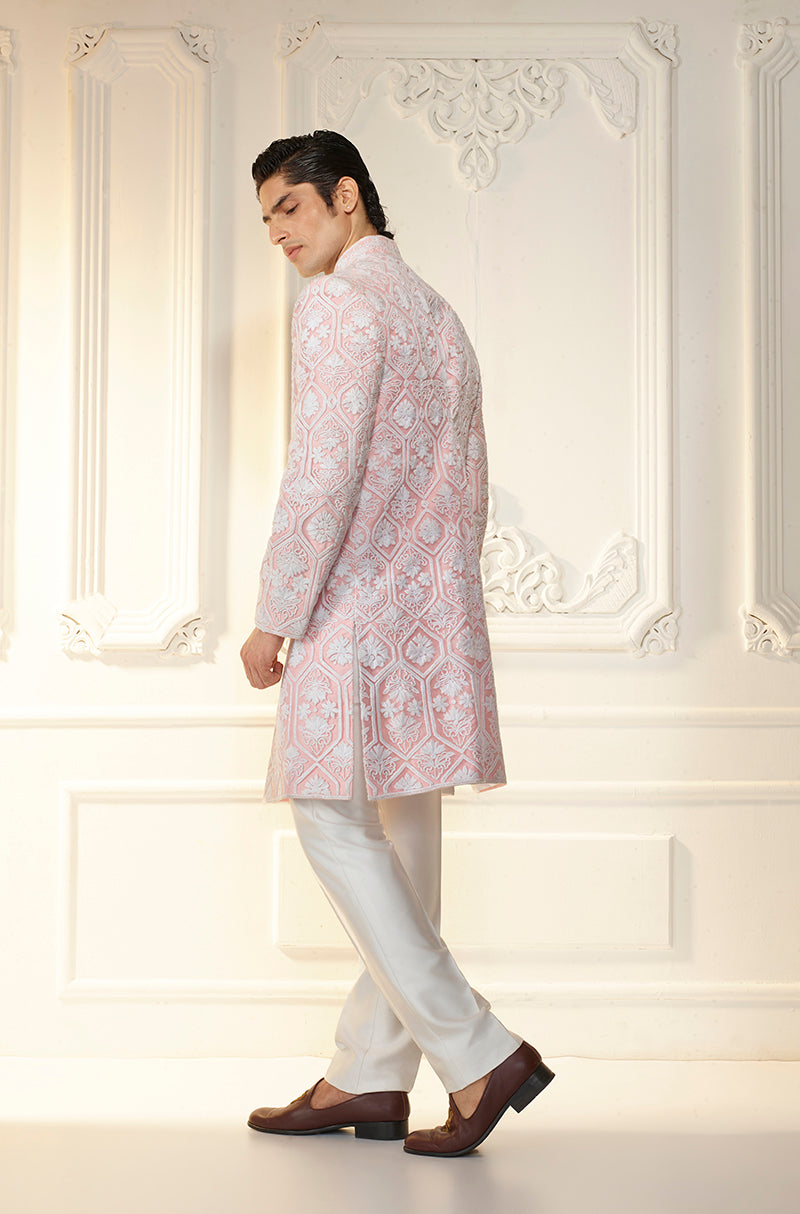 Modern Pink With Ivory Thread Work Sherwani Set