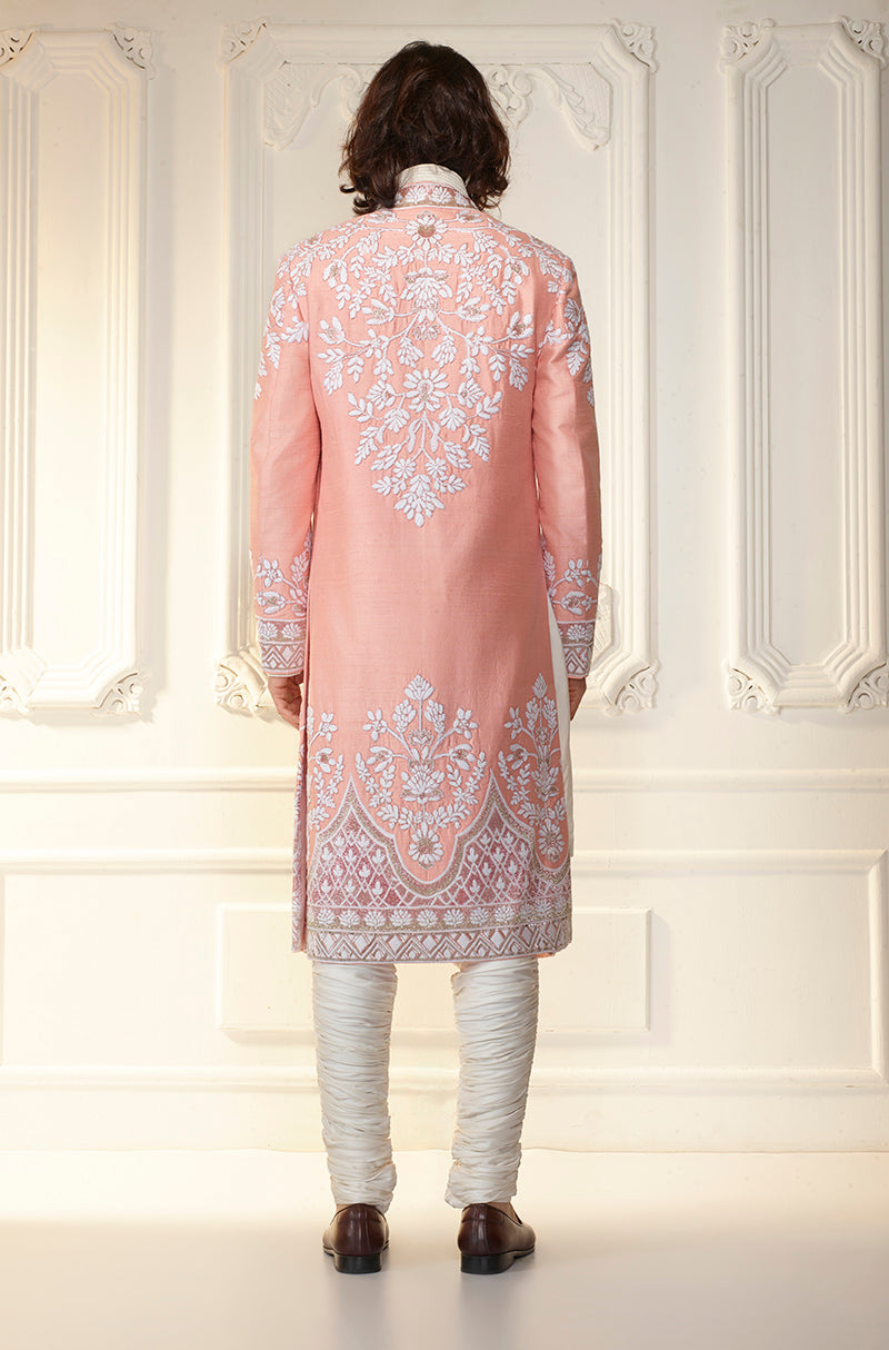 Coral Raw Silk Embroidered Sherwani Set