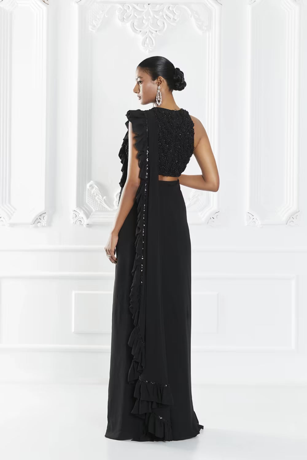 Black Stitched Ruffle Saree Set