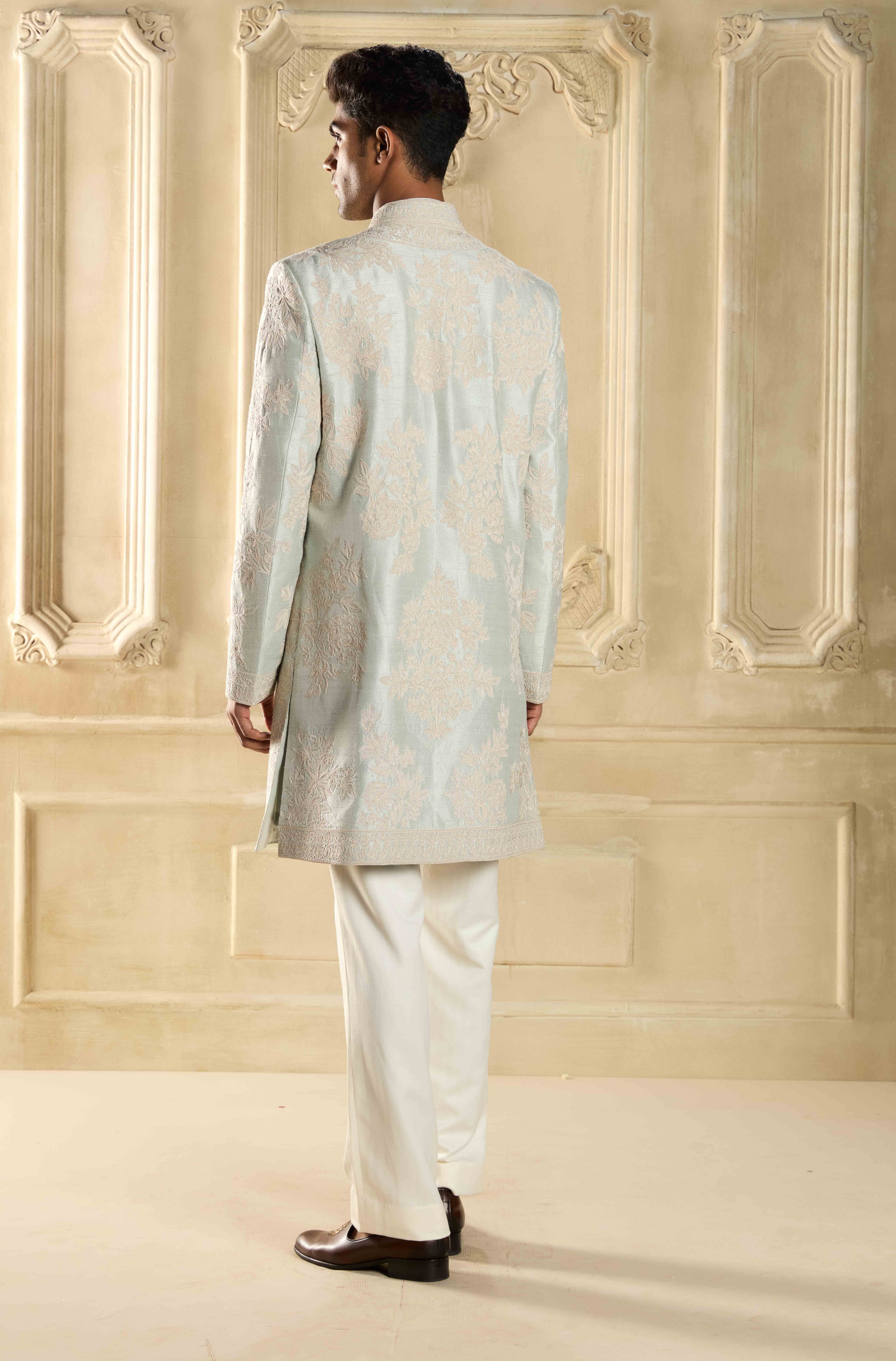 Powder Blue Dori Embroidered Silk Sherwani Set