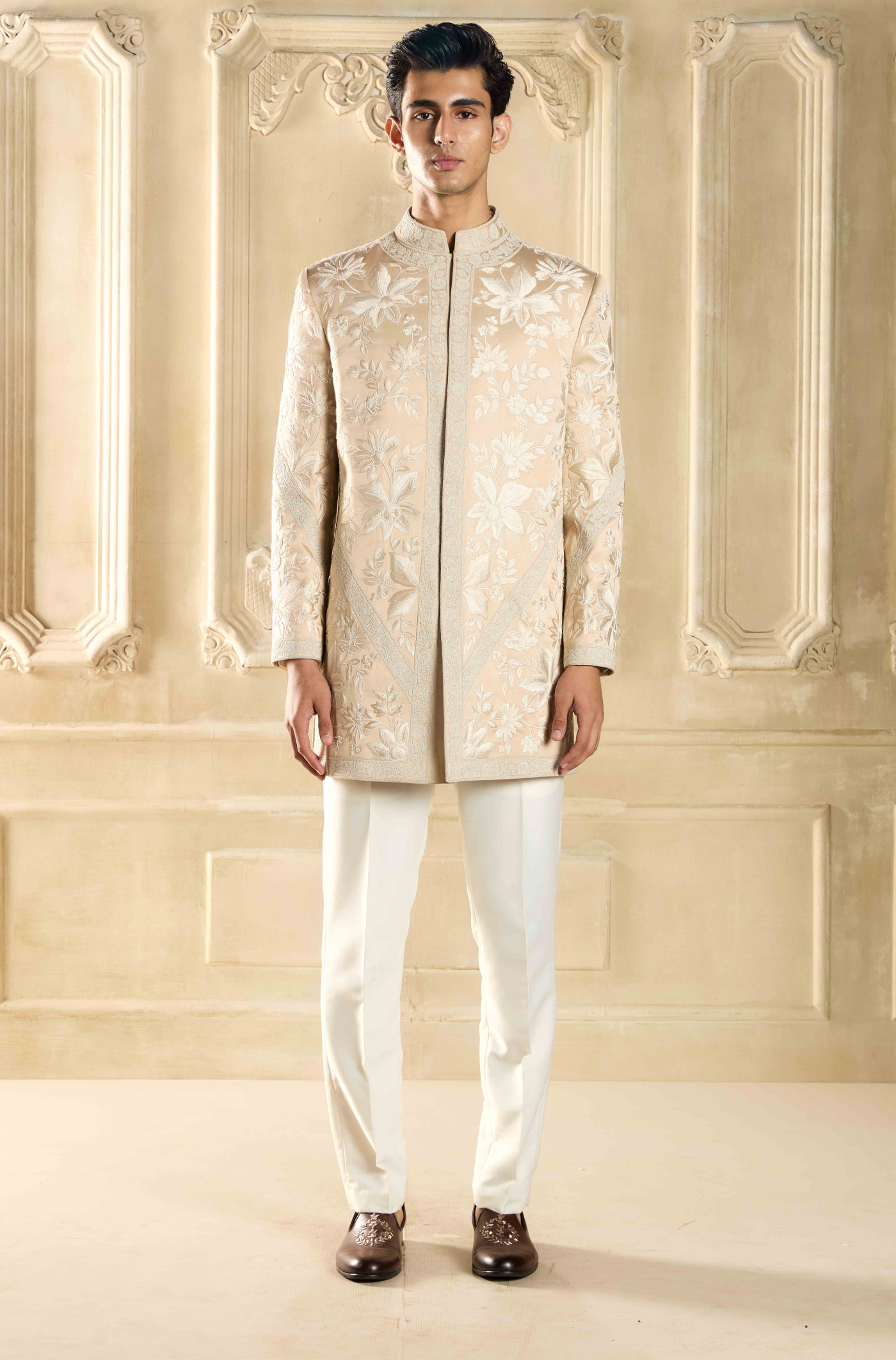 Beige Floral Resham Embroidered Sherwani Set