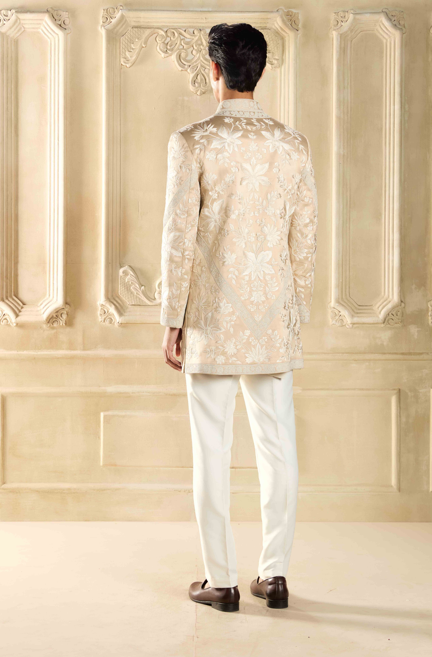 Beige Floral Resham Embroidered Sherwani Set