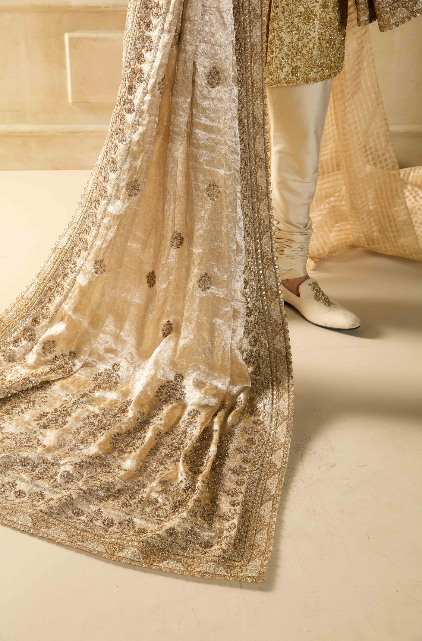Light Gold Embroidered Brocade Sherwani Set