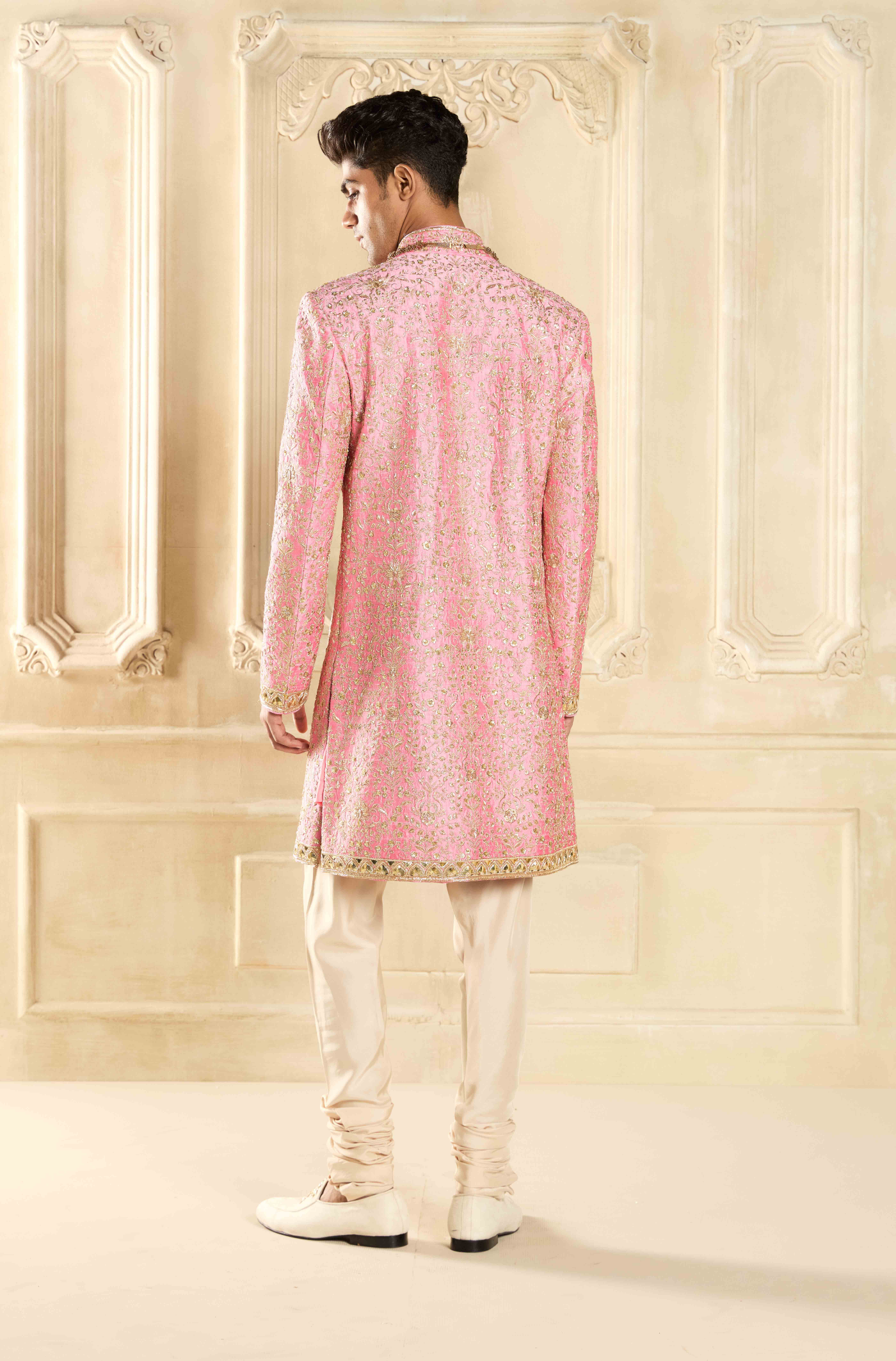Flamingo Pink Silk Embroidered Sherwani Set