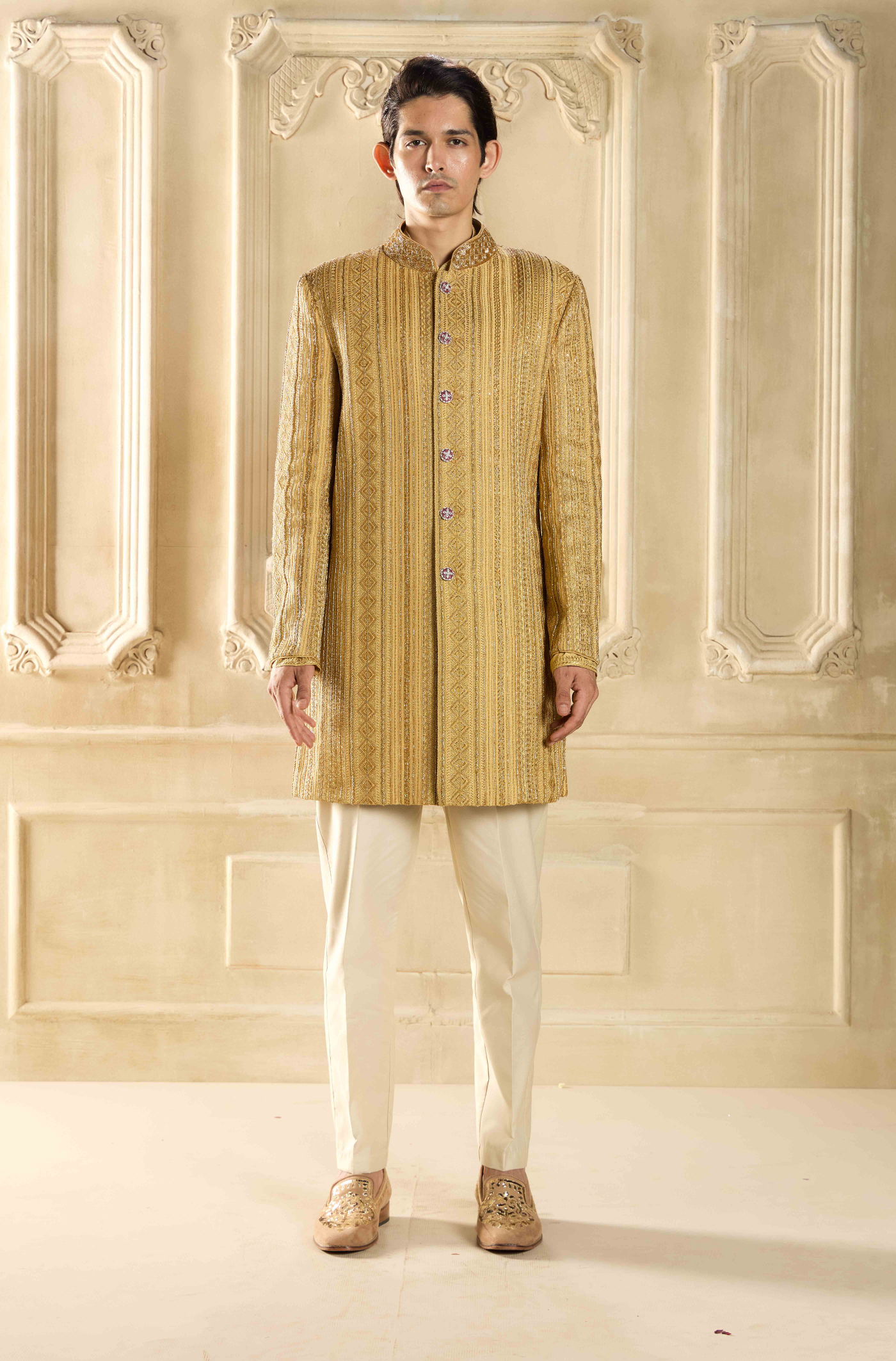 Gold Embroidered Silk Sherwani Set