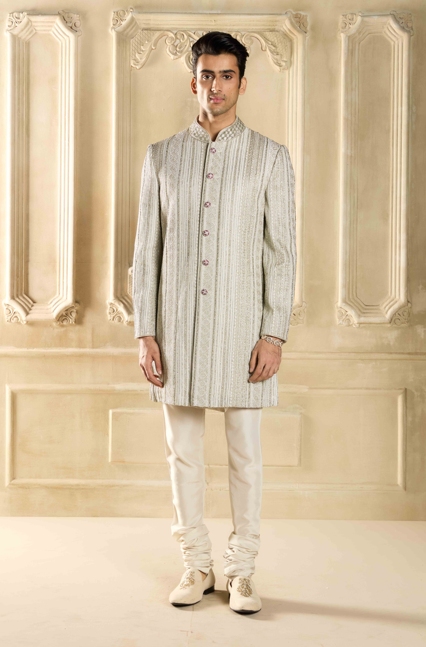 Silver Embroidered Silk Sherwani Set
