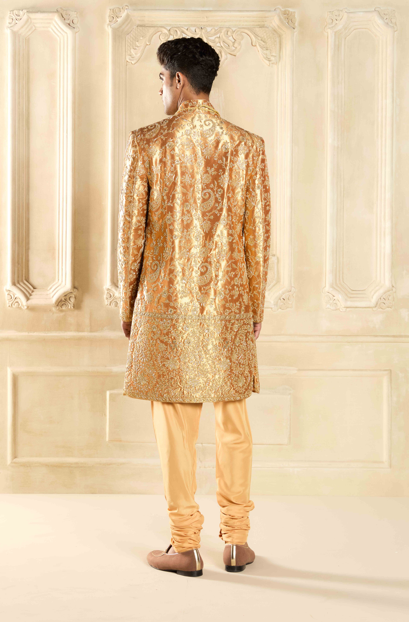Gold Tissue Embroidered Sherwani Set