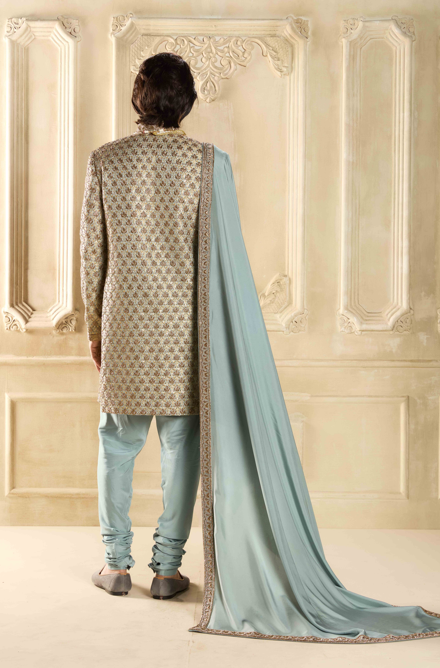 Light Gold Zari Handcrafted Sherwani Set